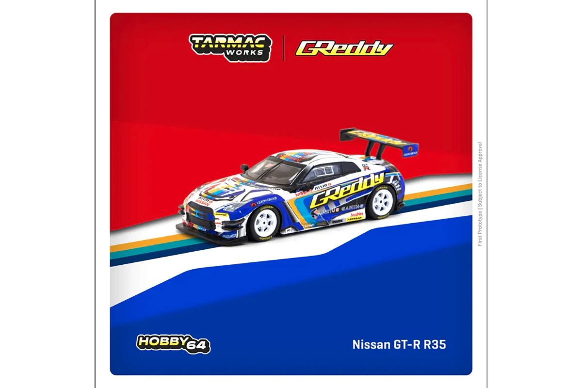 ***Tarmac T64-005-GDY Nissan GT-R R35 TRUST E-Racing "Greddy" Weiss/blau Maßstab 1:64 Modellauto