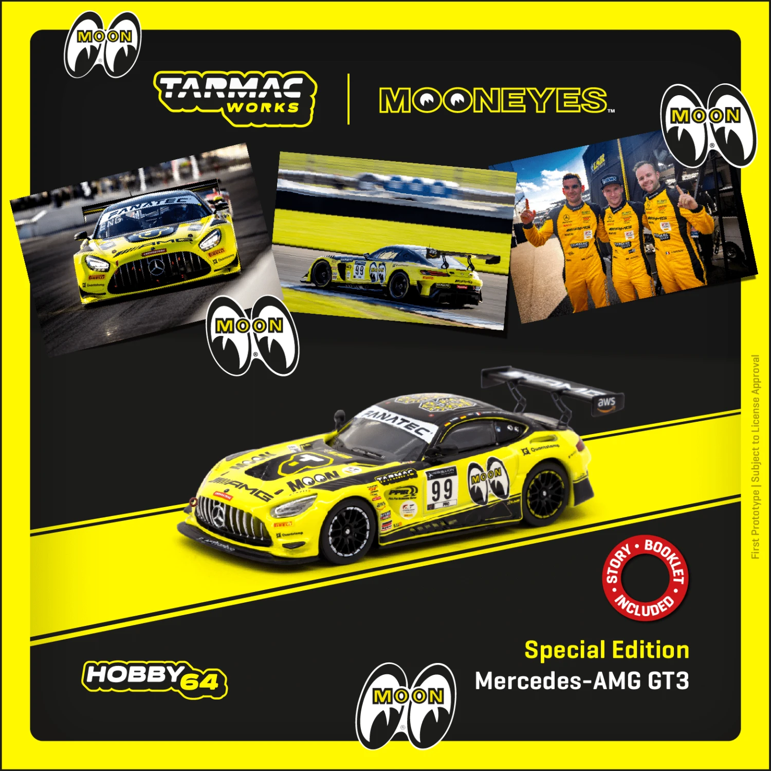 Tarmac T64-062-21IND99 Mercedes-AMG GT3 Indianapolis 8 Hour 2021 "Mooneyes" Gelb Hobby64 Maßstab 1:6